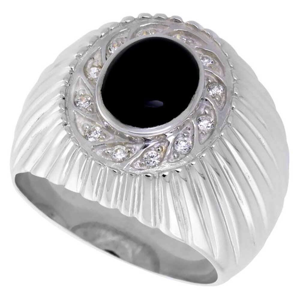 Sterling Silver Mens Black Onyx Ring Oval CZ Accent 3/4 inch wide